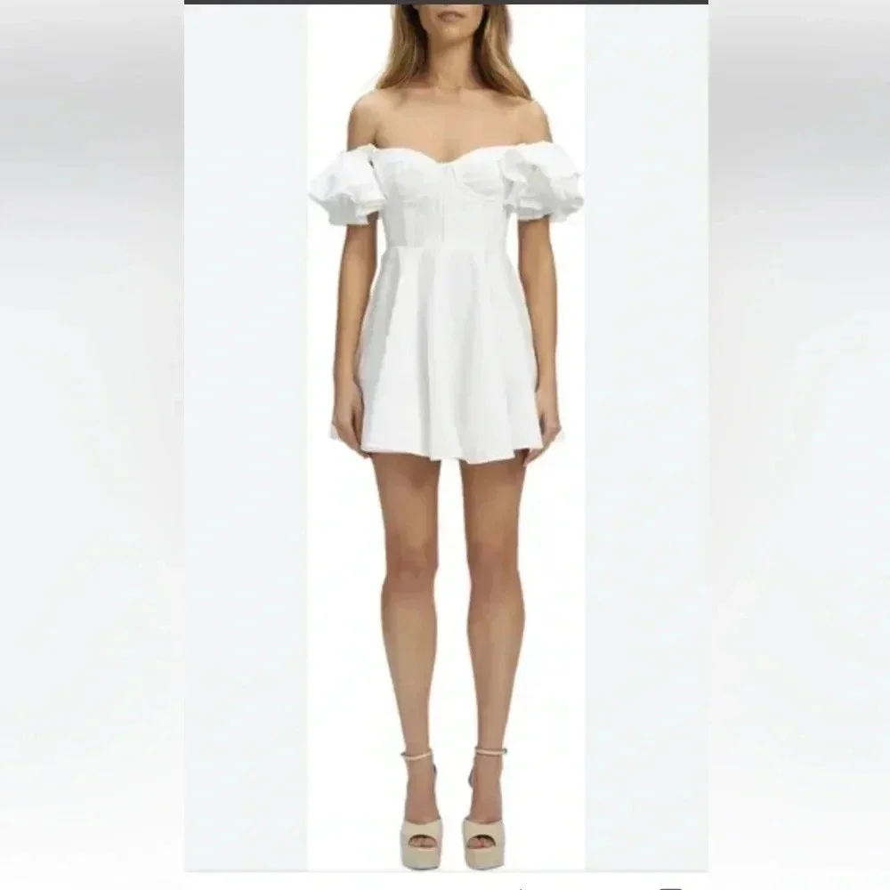 Bardot ruffle sleeve corset mini dress in white Linen Size 8 NWOT Sold Out! - Picture 2 of 8